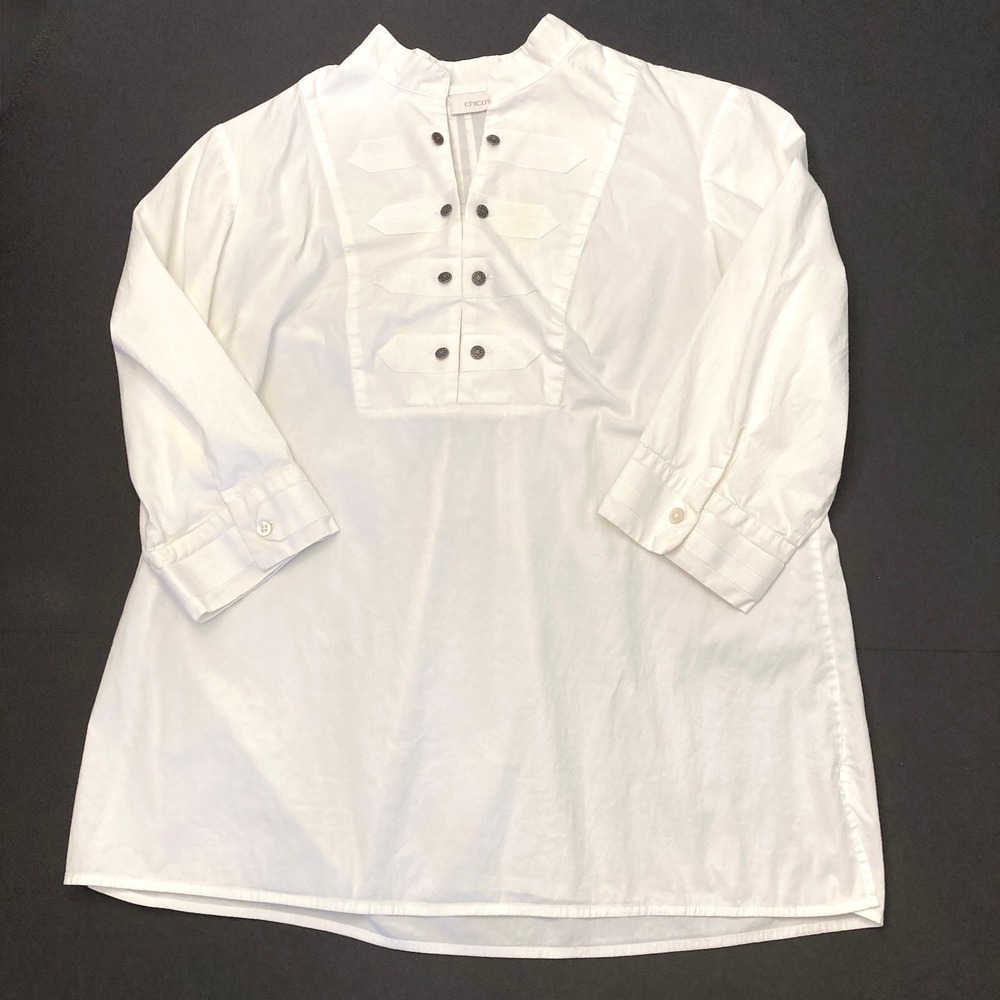 Chicos 2 White Cotton Blouse Top 3/4 Sleeve‎ Women's Large 12 Pin Tuck Military